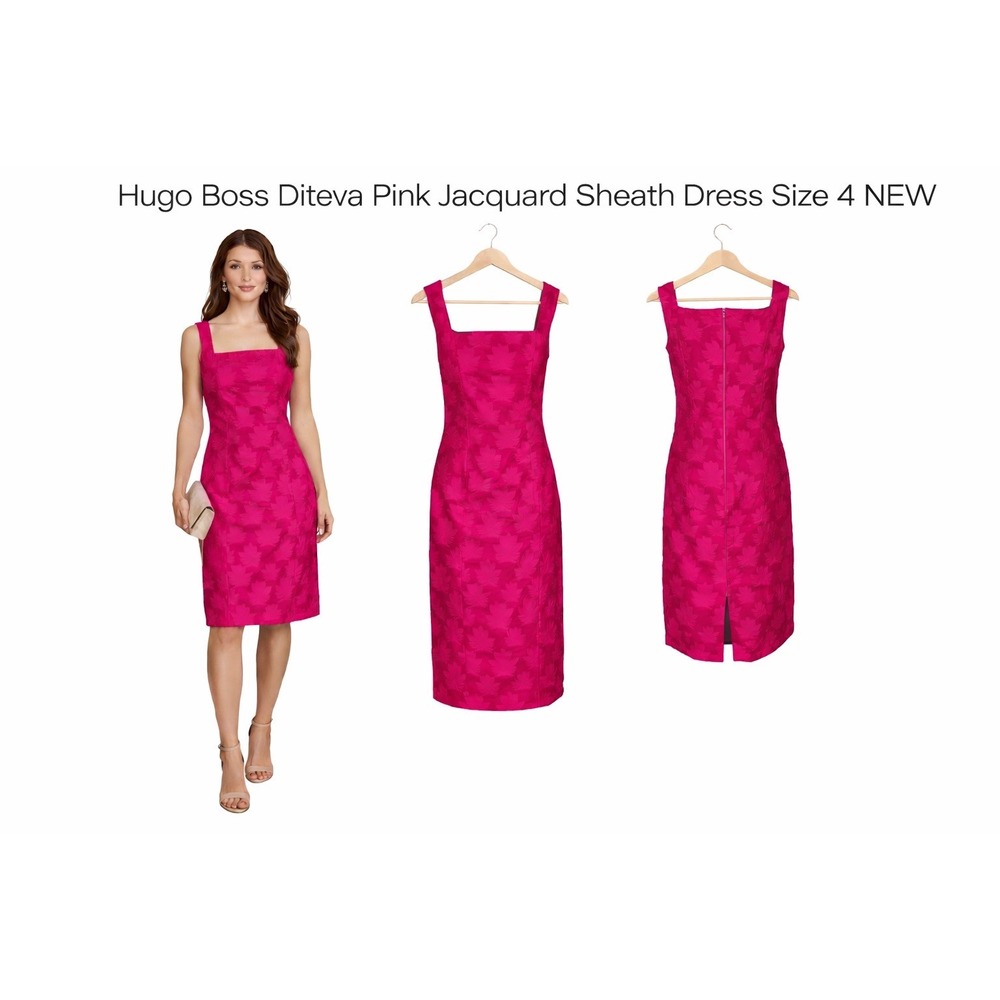 Hugo Boss Diteva Pink Jacquard Leaf Sheath Dress Square Neck 50468413 4 NWT